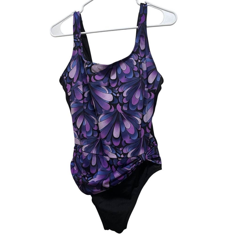 Robby Len, Modest Neck/Soft-Cup 1-Pc Tummy Control Swimsuit Purple/Black Size 16